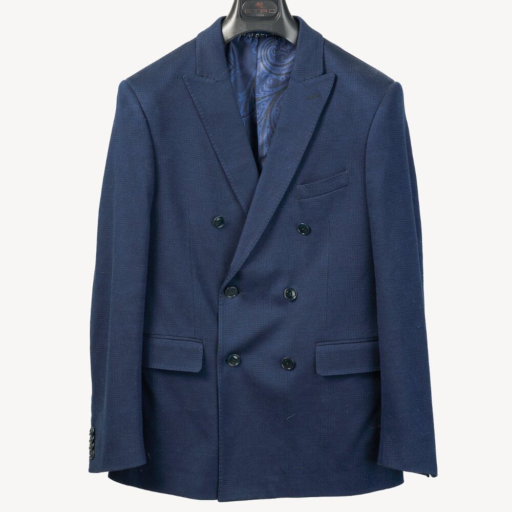 Etro Navy Blue Tartan Double-Breasted Silk-Lined Blazer